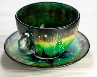 Ensemble tasse à thé et soucoupe aurores boréales, cadeau aurores boréales personnalisé