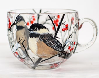 Personalized Chickadee Mug, Chickadee Holiday Coffee Cup, Farmhouse Christmas Gifts, Holiday Winter Mug