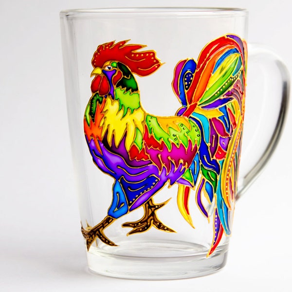 Rooster Mug Cock Coffee Mug Hens Design Colorful Chicken Handmade Mug Life better on farm