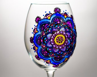 Personalized Wine Glass, Hand Painted Wine Glass Mandala Design, Mothers Day Gift