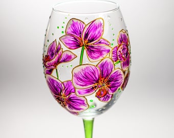 Wine glass flowers hand painted wine glass, personalized big wine glass, floral birthday gift wine lover, orchid wine glass