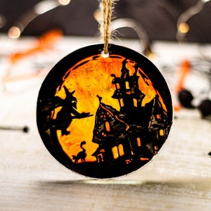 Personalized Halloween Ornament, Spooky Haunted House Witch on Broom, Hand Painted Halloween Ornament for Halloween Tree