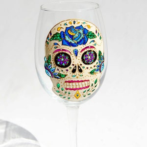 Halloween Wine Glass Sugar Skull Day of the Dead Gift, Calaveras Wedding Dia de los Metros Wine Glasses