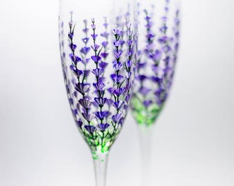 Personalized Champagne Flutes, Lavender Wedding Glasses Hand Painted Champagne Flutes Set of 2 Wedding Toasting Glasses