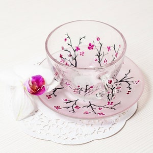 Personalized Cherry Blossom Teacup and Saucer, Custom Christmas Gift for Mom, Grandma Christmas Favor