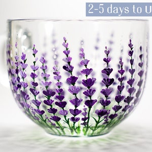 Hand Painted Lavender Coffee Mug, Floral Design