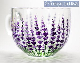 Hand Painted Lavender Coffee Mug, Floral Design