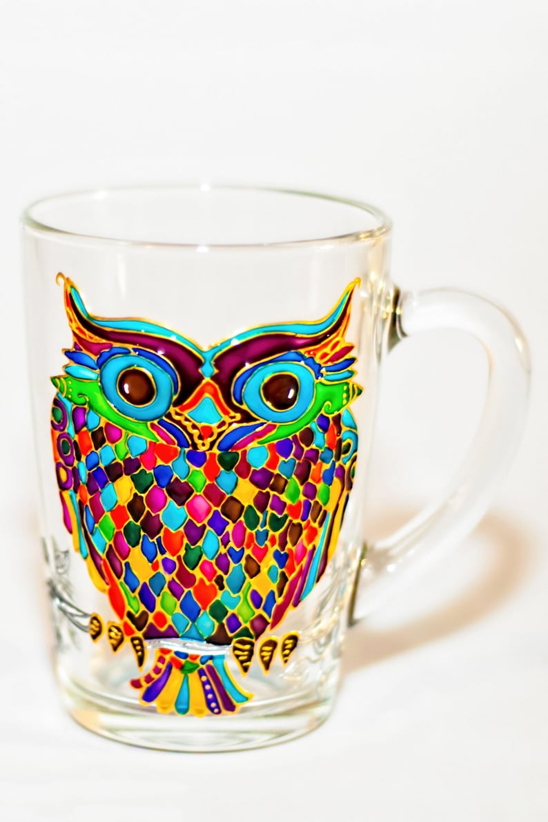 Owl Mug Painted Colorful Glass Mug Personalized Christmas Gift  