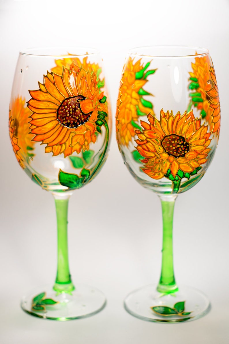 Sunflowers Wine Glasses Personalized Hand Painted Wine Etsy