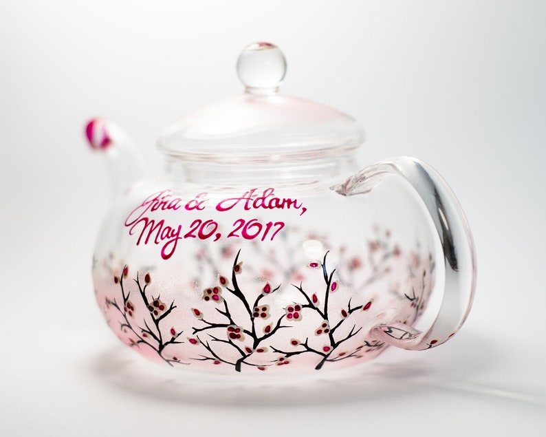 Personalized Glass Teapot Cherry Blossom, Unique Teapot Hand Painted Hostess Gift image 3