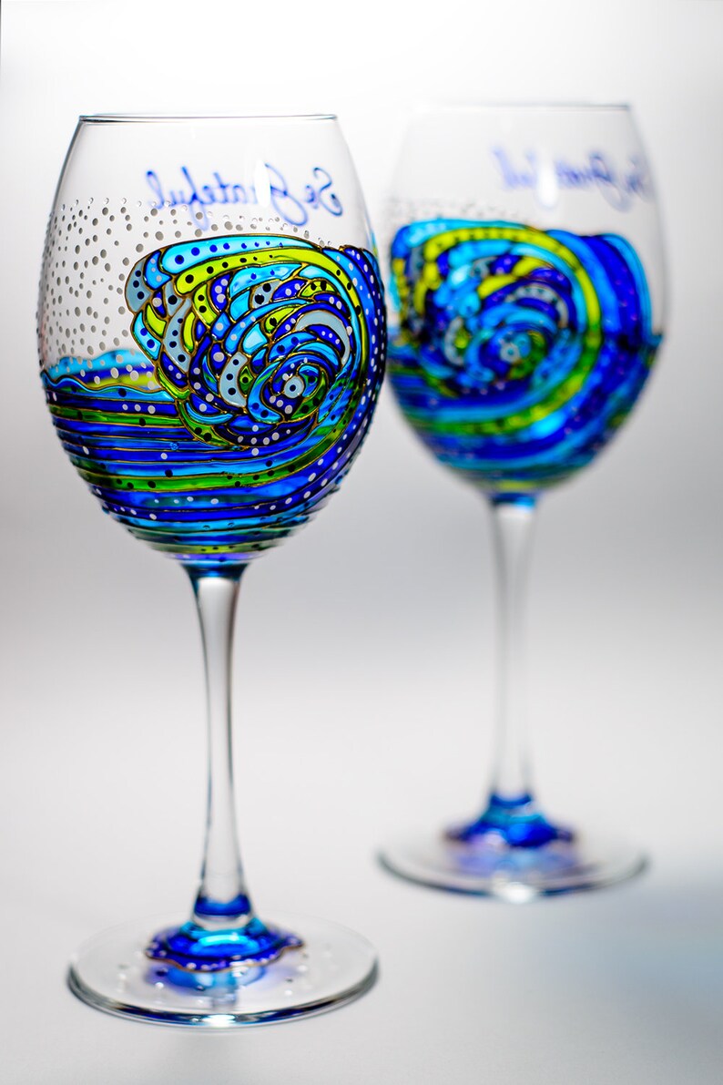 Beach Wedding Personalized Wine Glasses Beach Theme Gift Navy Etsy