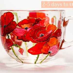 Red Poppy Coffee Mug, Poppies Mug, Hand Painted Floral Cup 2-5 DAYS TO USA