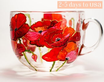 Mothers Day Gift, Red Poppy Coffee Mug, Flowers Mom Gift 2-5 DAYS TO USA