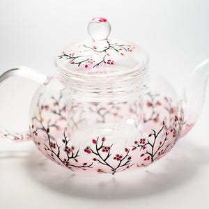 Personalized Glass Teapot Cherry Blossom, Unique Teapot Hand Painted Hostess Gift image 5