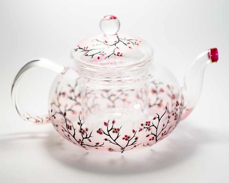 Personalized Glass Teapot Cherry Blossom, Unique Teapot Hand Painted Hostess Gift image 5