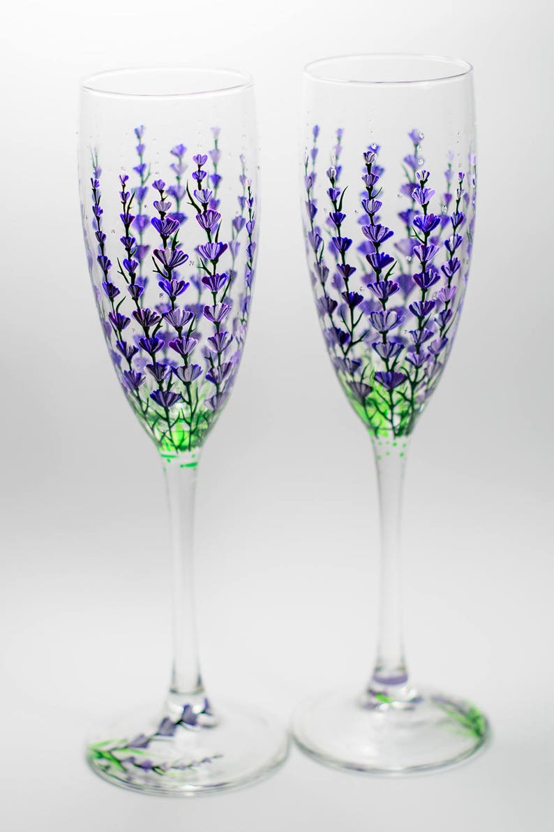 Personalized Champagne Flutes, Lavender Wedding Glasses Hand Painted Champagne Flutes Set of 2 Wedding Toasting Glasses image 5