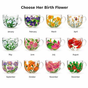 Puede incluir: Tazas de vidrio transparente con dise&ntilde;os florales que representan las flores de nacimiento de cada mes. El texto "Choose Her Birth Flower" est&aacute; en la parte superior. Cada taza tiene un dise&ntilde;o floral diferente, como amapolas y rosas.