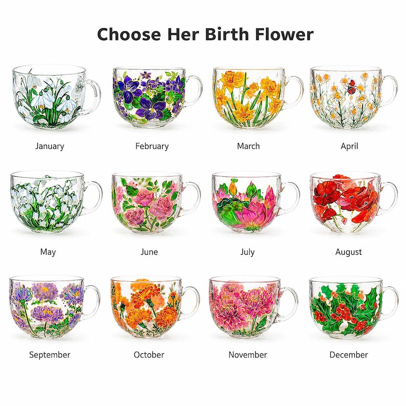 Puede incluir: Tazas de vidrio transparente con dise&ntilde;os florales que representan las flores de nacimiento de cada mes. El texto "Choose Her Birth Flower" est&aacute; en la parte superior. Cada taza tiene un dise&ntilde;o floral diferente, como amapolas y rosas.
