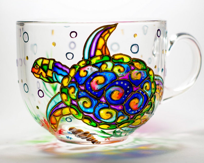 Hand painted glass mug with a sea turtle design, coastal style mug for ocean lovers and beach house decor