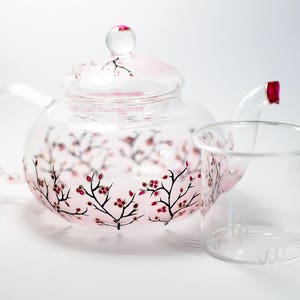 Personalized Glass Teapot Cherry Blossom, Unique Teapot Hand Painted Hostess Gift image 4