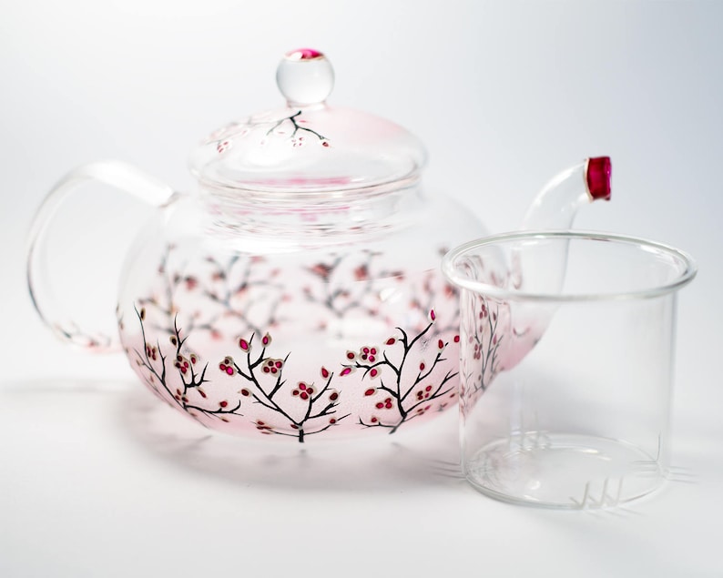 Personalized Glass Teapot Cherry Blossom, Unique Teapot Hand Painted Hostess Gift image 4