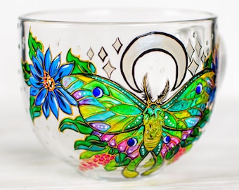 Luna moth mug, Witchy coffee mug, Personalized Glass Cup Gift