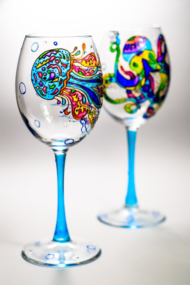 Bridesmaid Glasses is Personalized Wine Glasses Ocean Themed Octopus and Jellyfish Stem Wine Glasses