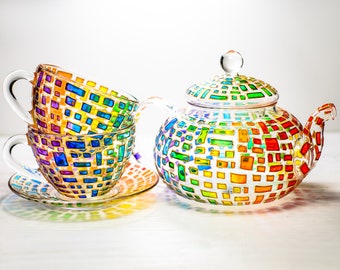 New Home Gift Parents, Colorful Tea Set Teapot with 2 Cups and Saucers, Mothers Day Gift