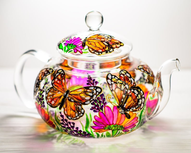 Glass Teapot Butterflies and Flowers, Hand Painted Tea Pot with Infuser, Personalized Grandma Gift image 1