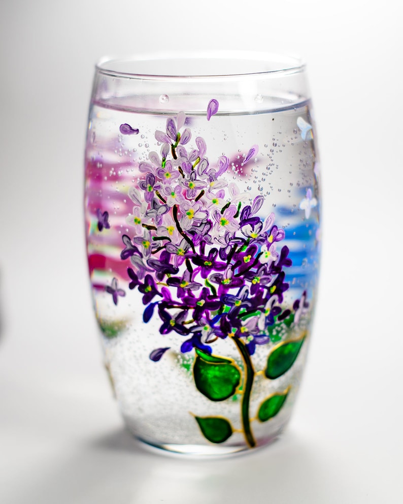 Floral Wine Tumbler Lilac Flowers Wine Glasses Botanical Hand Painted Stemless Wedding Glasses image 5