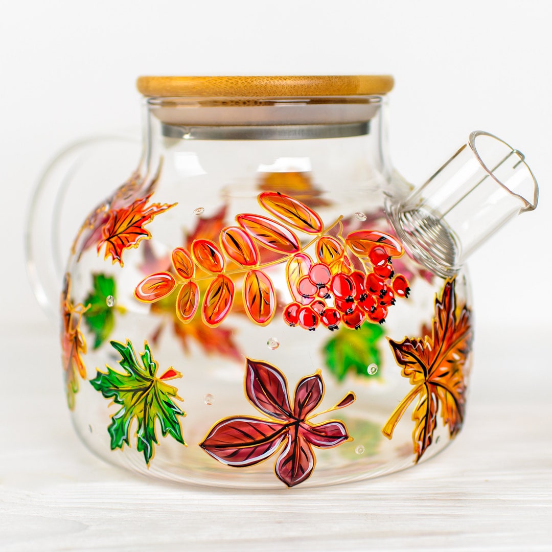 Hand Painted Fall Leaves Glass Teapot With Infuser (34 Oz) - Etsy