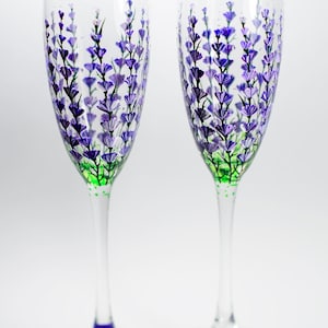 Personalized Champagne Flutes, Lavender Wedding Glasses Hand Painted Champagne Flutes Set of 2 Wedding Toasting Glasses image 8