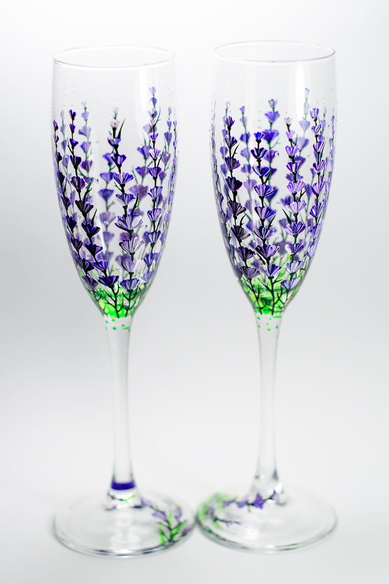 Personalized Champagne Flutes, Lavender Wedding Glasses Hand Painted Champagne Flutes Set of 2 Wedding Toasting Glasses image 8