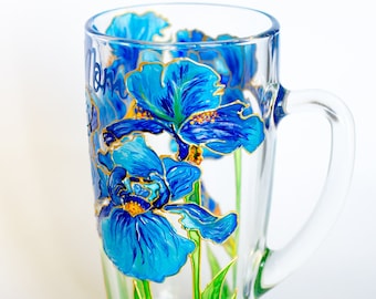 Iris bleus Mug à café Cadeau unique pour hôtesse d'accueil Tasse de fleurs Cadeau pour amoureux des plantes Mug floral de demoiselle d'honneur