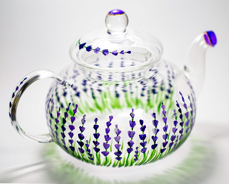 Lavender Teapot Rustic Hand painted Glass Teapot with Infuser Tea Party Favors image 3