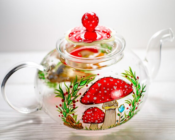 Mushroom Glass Teapot Personalised Hand Painted Teapot With