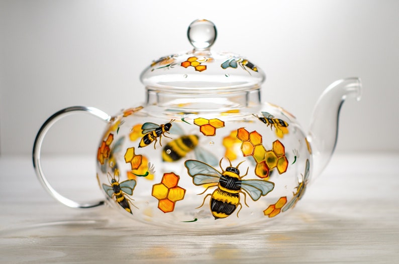 Grandma Gift for Mothers Day Personalized Bee Tea Pot, Hand Painted Tea Pot with Infuser image 1