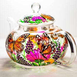 Glass Teapot Butterflies and Flowers, Hand Painted Tea Pot with Infuser, Personalized Grandma Gift image 5