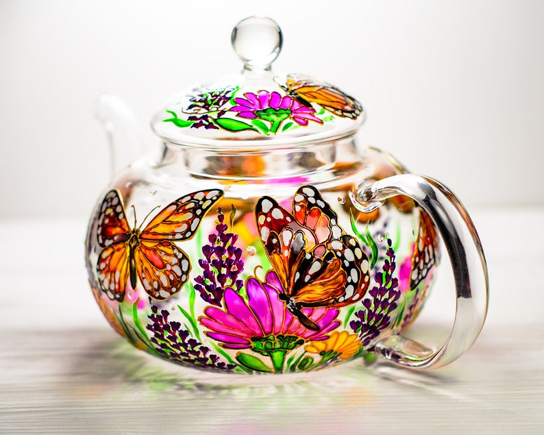 Glass Teapot Butterflies and Flowers, Hand Painted Tea Pot with Infuser, Personalized Grandma Gift image 5