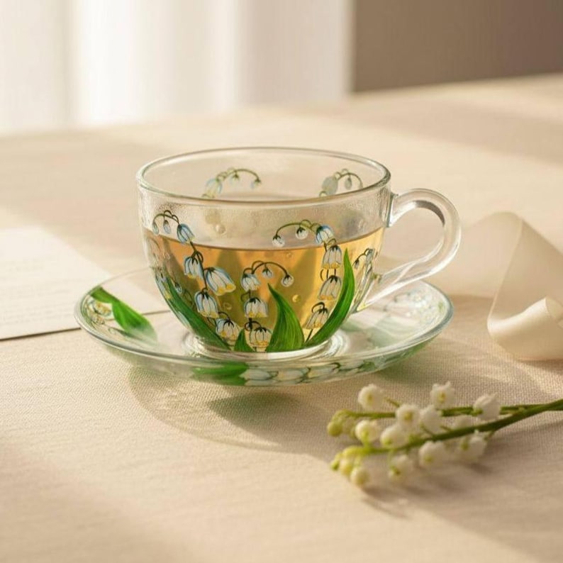 May include: A clear glass teacup and saucer set, filled with tea. The cup and saucer are decorated with a floral design of white and blue flowers with green leaves. A sprig of white flowers rests nearby.