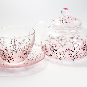 Tea Set Teapot with 1 Cup and Saucer, Glass Sorority Gift, Blush Pink Cherry Blossom Teapot Set