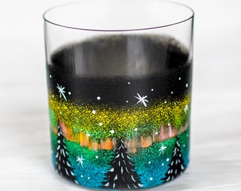 Hand Painted Whiskey Glass: Forest & Northern Lights Design