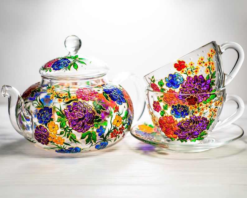 Personalized Mothers Day Gift Flowers Tea Set Teapot with 2 Cups and Saucers image 1