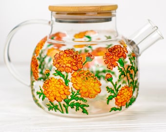 Marigold Glass Teapot with Infuser, Orange Floral Tea Pot, October Birthday Gift