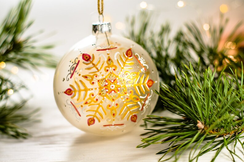 Décorations de noël peintes à la main, ornements de flocon de neige, boule en or blanc et Rose, cadeau de noël, décoration moderne image 4