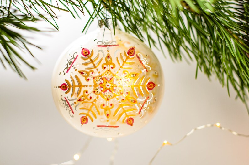 Décorations de noël peintes à la main, ornements de flocon de neige, boule en or blanc et Rose, cadeau de noël, décoration moderne image 7