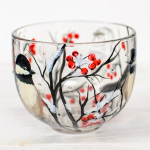 Winter bird mug with chickadee and red berry branches.