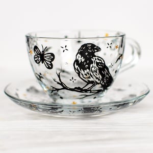 Gothic Raven Tea Cup Set: Hand Painted Halloween Teacup, Personalized