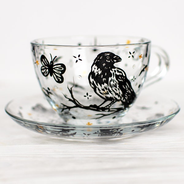 Gothic Raven Tea Cup Set, Hand Painted Halloween Tea Set Witchy