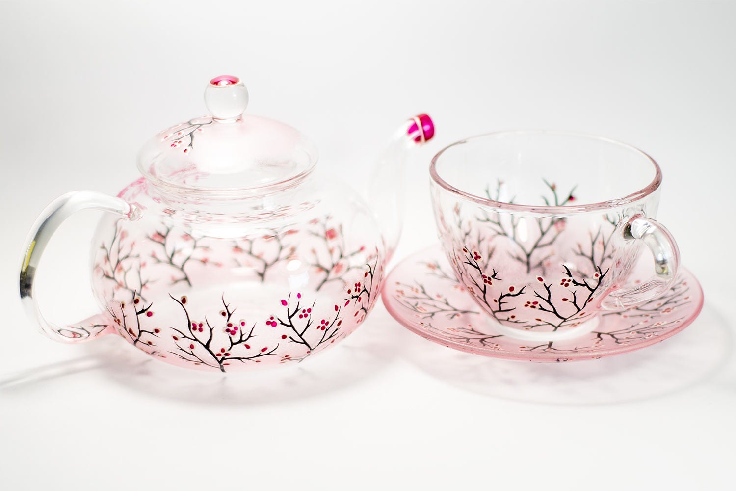 Glass Tea Pot Set for One, Hand Painted With My Unique Blossom Design, Cup  & Pot, Special Gift, Pink, Tea Lover, Boxed. 